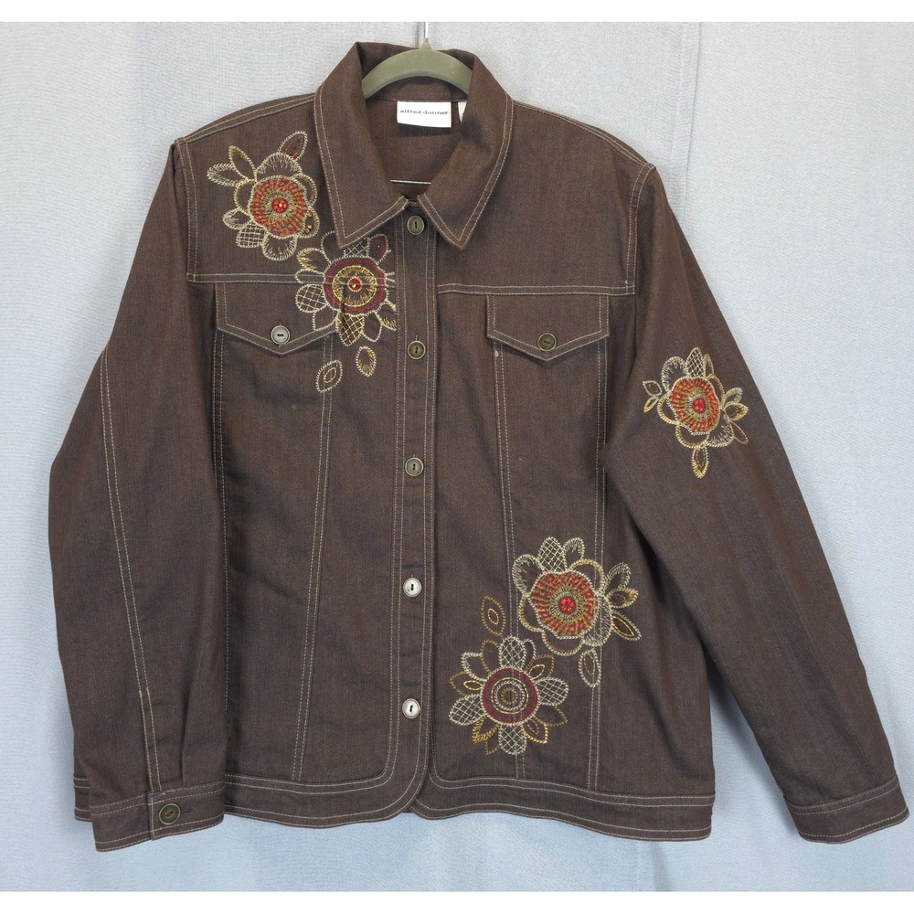 Alfred Dunner Denim Jacket Women 14 Brown Embroidered Floral Beaded Western Boho
